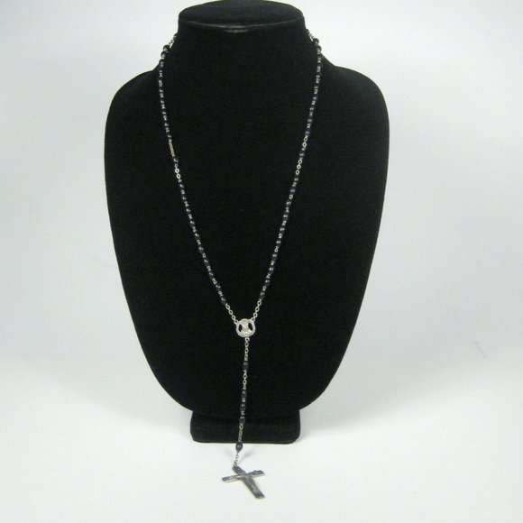 Madonna Rosary 29 In Silvertone Cross Black Beads Italy Crucifix Silver Jesus - Picture 1 of 6